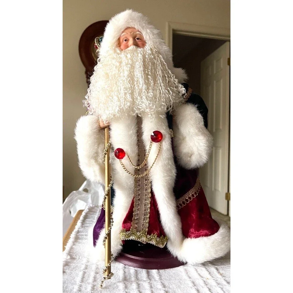 RARE Pier 1 Santa Figure W/Staff In Red & Purple Velvet Robe W/Gold Accents